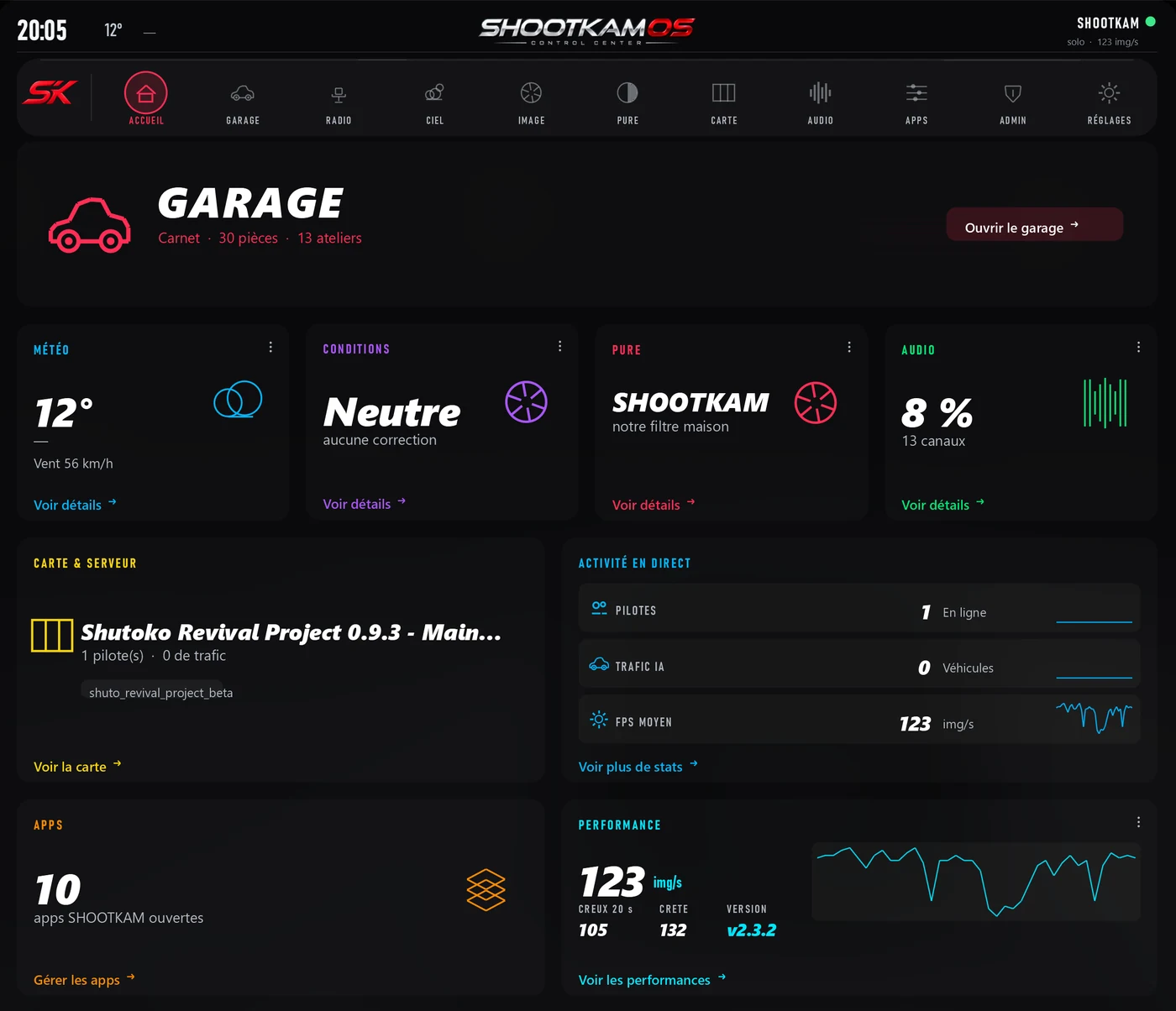 Écran d'accueil de SHOOTKAM OS : garage, météo, filtre Pure, audio, carte du serveur, activité en direct et performances.